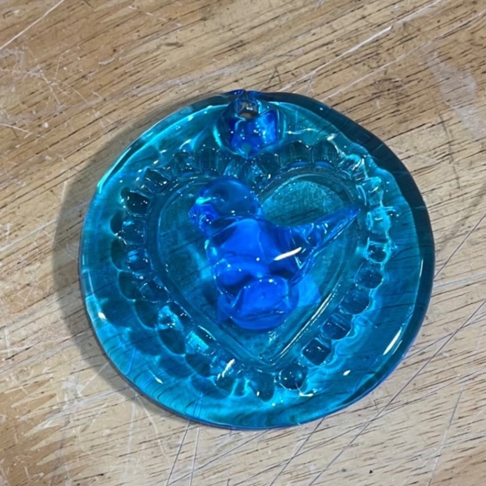 Terra Studios Bluebird of Happiness Ornament Vtg Blue Glass Heart Suncatcher 3"